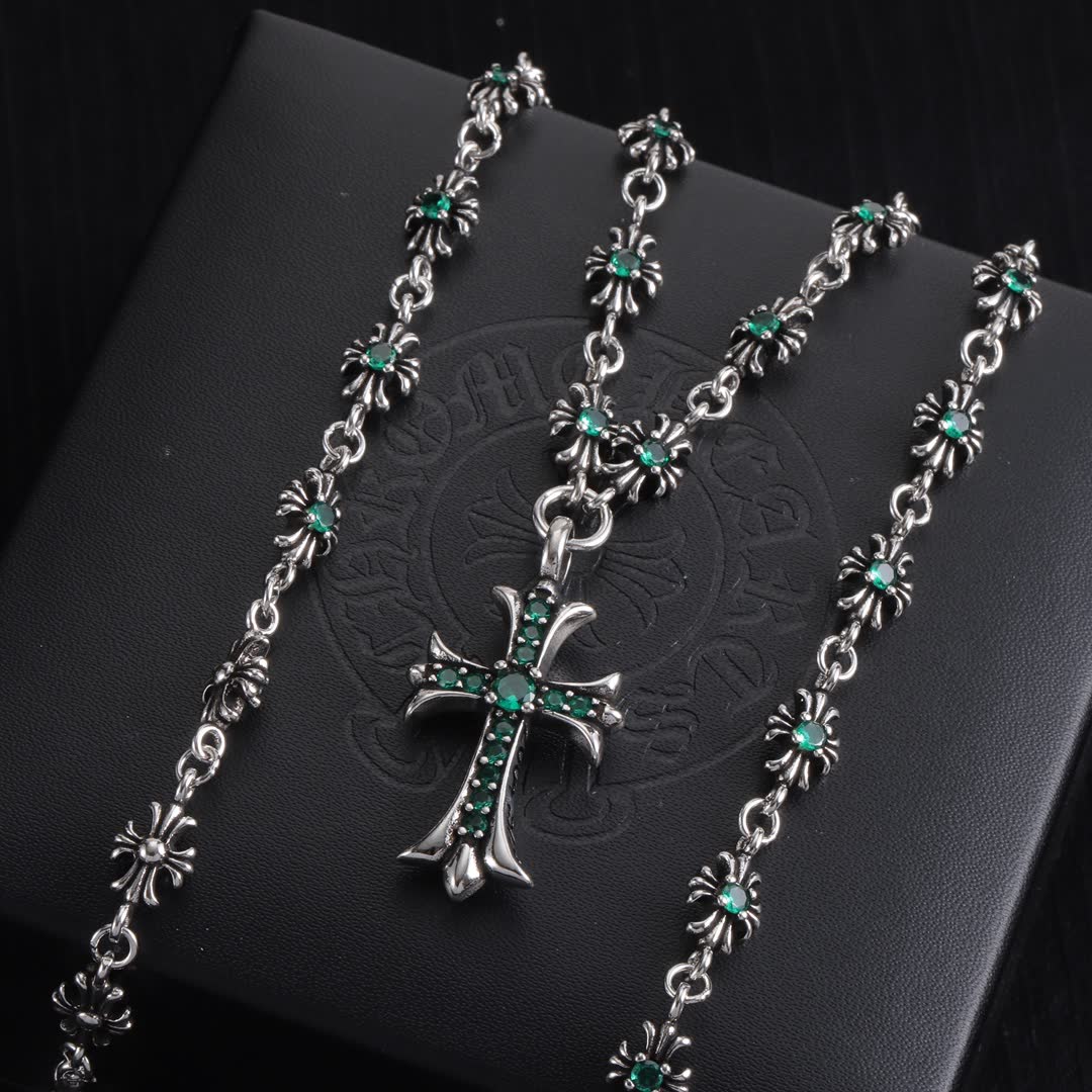 Chrome Hearts Silver Cross Pendant with Emerald Stones